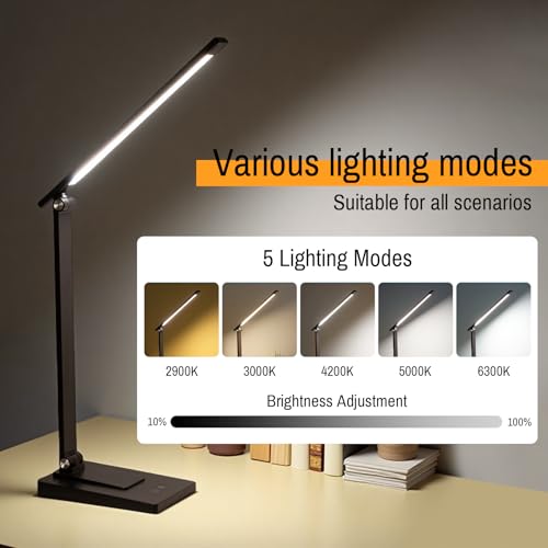 Rechargeable LED Desk Lamp, 800LM 2600mAh Reading Table Lamp | 5 Color Modes 5 Brightness Touch LED Desk Lamps, Bedside Lamp with USB Charging Port for Study Home Office Nail, Black - color: Black