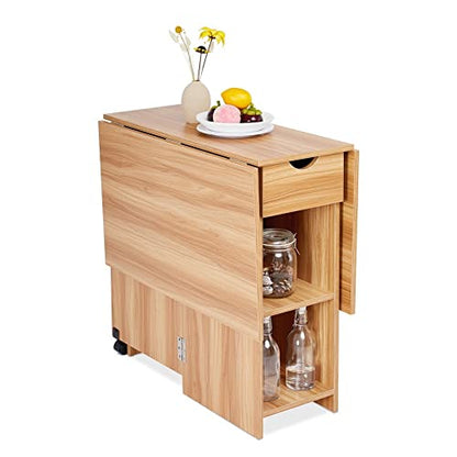 Mondeer Folding Dining Table with Drawer and Shelves, Red Oak | Drop Leaf Kitchen Table with 1 Drawer and 2 Storage Shelves in Modern Style for Small Spaces and Seats 4-6 People. - color: Red Oak