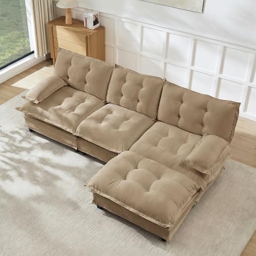 Modular Sectional L-Shaped Sofas,Roomy 3 Seater Sofa Couch with Ottoman,107.8" Chenille Cloud Couches,Modern Tufted Corner Sofa Set for Living Room - color: Light Coffee, size: 3+1