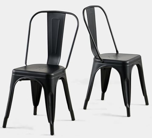 Metal Dining Chairs Set of 2,Matte Midnight Black | Iron Stackable Indoor Metal Chair,Easy Clean,Industrial/Kitchen Dining Room/Apartment/Outdoor/Patio/Bistro, - color: Midnight Black