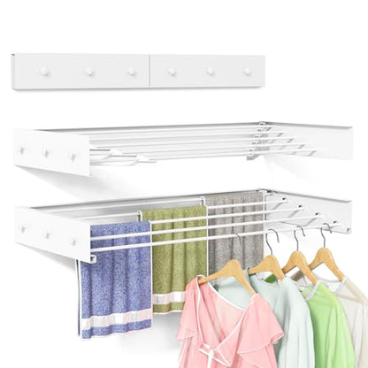 Wall Mounted Drying Rack for Laundry 40'', Folding Drying Rack Clothing Wall Mount with 5 Rods and 6 Hooks, Space Saving for Indoor Outdoor Bathroom Balcony (White, 40'') - size: 40''【6 Hooks】