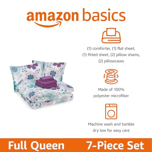 Amazon Basics 7-Piece Microfiber Kid's Comforter Bed-in-a-Bag Bedding Set with Sheets, Full/Queen, Bluish Flowers - color: Bluish Flower, size: Full/Queen