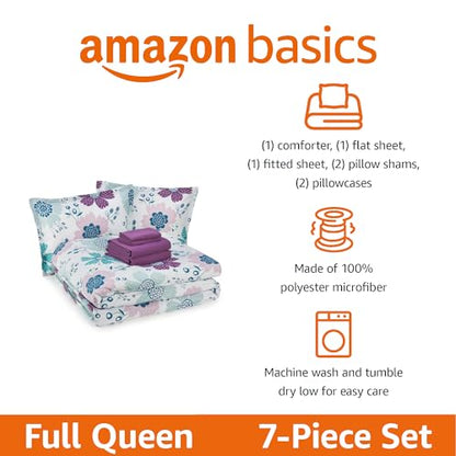 Amazon Basics 7-Piece Microfiber Kid's Comforter Bed-in-a-Bag Bedding Set with Sheets, Full/Queen, Bluish Flowers - color: Bluish Flower, size: Full/Queen