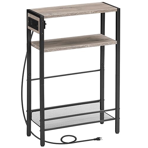 HOOBRO Small Narrow Side Table with Charging Station, Skinny End Table for Small Spaces, Slim Nightstand with USB Ports Outlet, Sofa Beside Table with Storage Shelf, Greige and Black BG102UBZ01 - color: Greige + Black