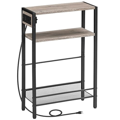 HOOBRO Small Narrow Side Table with Charging Station, Skinny End Table for Small Spaces, Slim Nightstand with USB Ports Outlet, Sofa Beside Table with Storage Shelf, Greige and Black BG102UBZ01 - color: Greige + Black