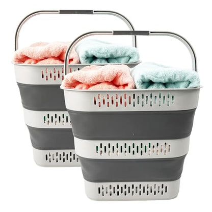 SAMMART 38L(10 Gal) Collapsible Laundry Basket - Foldable Pop-Up Storage Container/Organizer-Portable Space Saving Hamper, Measure 17.5x13.3x15.7"/3.8" Expanded/Collapsed (2, Grey) - color: Grey