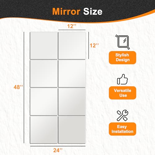 Glass Mirror Tiles, 12'' x 12'', 8 PCS | Square Large Wall Mirror, For Home Gym, Bedroom, Door, Bathroom, Frameless Mirror Sets - size: 12" x 12" (8 PCS)