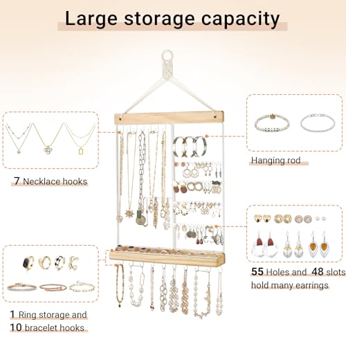 Mkono Hanging Wall Jewelry Organizer, Necklace Earring Holder Display Shelf | Boho Style, Wood Storage Rack, for Bracelets Rings Studs, Easy to Install, Large Capacity, Western Bedroom Decor,Gift Idea