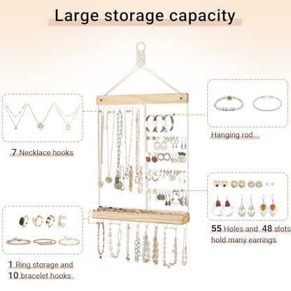 Mkono Hanging Wall Jewelry Organizer, Necklace Earring Holder Display Shelf | Boho Style, Wood Storage Rack, for Bracelets Rings Studs, Easy to Install, Large Capacity, Western Bedroom Decor,Gift Idea