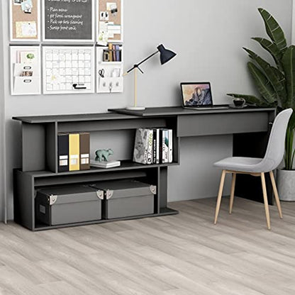 Rotatable Corner Desk, Grey Engineered Wood L-Shaped Writing Desk with Shelves, Adjustable Computer Workstation for Home Office, Space-Saving Rectangular Design