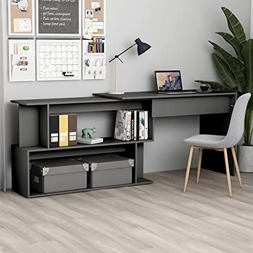Rotatable Corner Desk, Grey Engineered Wood L-Shaped Writing Desk with Shelves, Adjustable Computer Workstation for Home Office, Space-Saving Rectangular Design