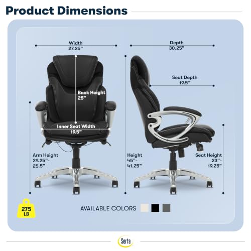 Serta Bryce Executive Office Chair - Ergonomic Computer DeskChair with Lumbar Technology - Adjustable Height - Memory Foam Body Pillows - 360° Swivel Rolling Base - Bonded Leather - Black - color: Black