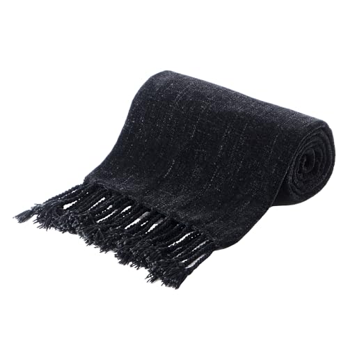 BATTILO HOME Black Chenille Throw Blanket, 50 x 60 Inches | Soft Chenille Knit with Handmade Fringe Tassels, Lightweight, Cozy and Less Prone to Tangling for Couch, Bed or Chair - color: Black