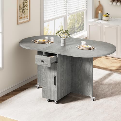 Jocoevol Round Folding Dining Table for 6, Space Saving Drop Leaf Kitchen Table with Storage Drawer, 6 Wheels Oval Gateleg Foldable Dining Table for Small Spaces (Grey, 51" x 31.5" x 30") - color: Grey