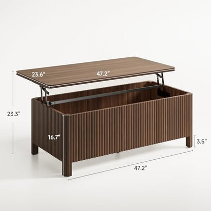 Fluted Lift Top Coffee Table with Storage, Mid Century Modern Coffee Table with Hidden Compartment, Rising Top Wood Center Table for Living Room, Home Office, Rounded Edges (Walnut) - color: Walnut