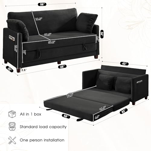 Myroyalsit 65" Convertible Loveseat Sofa Bed, 2-in-1 Folding Sofa Bed with 2 Pillow for Small Spaces, Modern Loveseat Sleeper Couch for Apartment, Living Room & Guest Room (Black Corduroy, 65 inch) - color: Black Corduroy, size: 65 inch