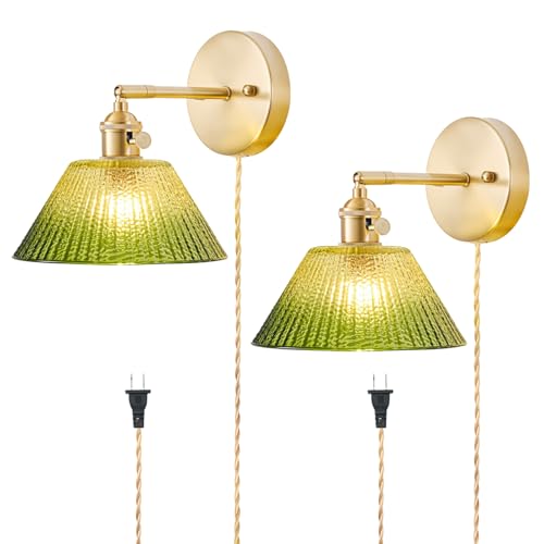 Plug in Wall Sconces Set of 2, Vintage Wall Sconce Light with Gradient Green Glass Lampshade, Bedroom Wall Sconce with Switch and Plug in wall lamp Cord, Gold Wall Light Wall Decor Set of 2 - color: Gradient Green