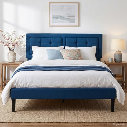 VECELO Full Size Bed Frame, Adjustable Upholstered Button Tufted Headboard, Heavy-Duty Bedframe with Wood Slats Support, No Box Spring Needed, Aegean Blue - color: Aegean Blue, size: Full, style: Bed Frame