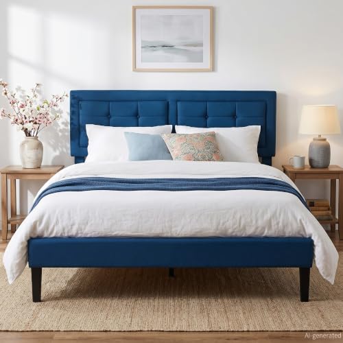 VECELO Full Size Bed Frame, Adjustable Upholstered Button Tufted Headboard, Heavy-Duty Bedframe with Wood Slats Support, No Box Spring Needed, Aegean Blue - color: Aegean Blue, size: Full, style: Bed Frame