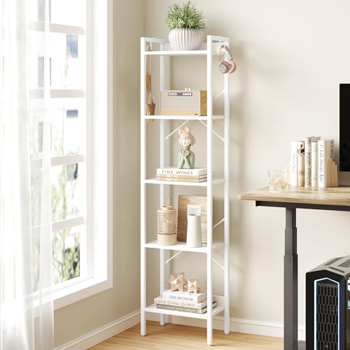 Hzuaneri Bookshelf, Book Shelf, Industrial Bookcase with 2 Hooks | Coner Shelf Storage Organizer for Home Office, Living Room, Bedroom, Kitchen, 5-Tier White BC10513W - color: White, size: 9.4"D x 15.7"W x 63"H