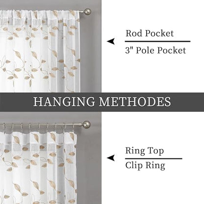 Tollpiz Taupe Leaf Sheer Tier Curtain Kitchen 30 x 36 Inches | Leaves Embroidered Curtains Rod Pocket Voile Bathroom Window Treatment for Cafe, Set of 2 Panels - color: Taupe, size: 30"W x 36"L (Pack of 2)