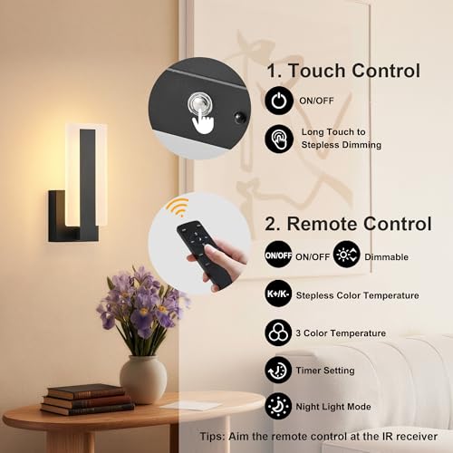 KARTOOSH Battery Operated Modern Wall Sconce Set of Two, Black | Rechargeable Wireless Wall Light with Remote Control, Dimmable 3 CCT, Timer, Night Mode, for Hallway, Bedroom, Living Room - color: Black