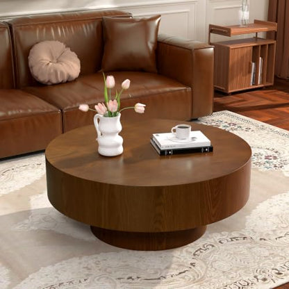 Brown Round Drum Coffee Table with Pedestal Base | 30.5'' Modern Wooden Drum Center Table, Brown Wood Finish Drum Shape, Wooden Structure, For Living Room & Apartment - color: Brown