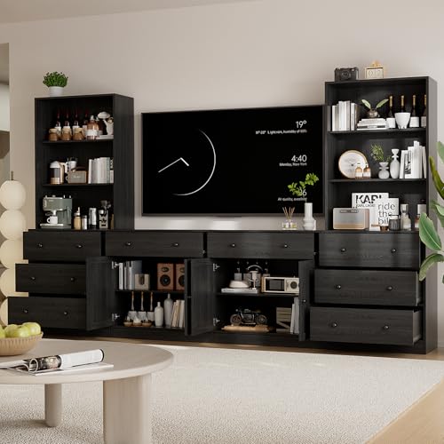 TUSY 71" Large TV Stand Set - TV Entertainment Center for TVs up to 65", Media Center with Tempered Glass Doors and Drawer, TV Hutch with Bookshelves for Living Room (Black, BEEB) - color: Black