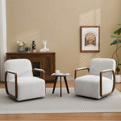 32" Swivel Accent Chairs Set of 2, Beige Chenille, Oversized Armchair | Upholstered Lounge Chairs with Wooden Armrests, 360° Rotating Metal Base for Living Room & Bedroom - color: Beige, size: 2 Pack