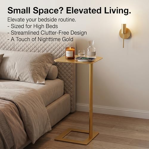 Modern Stable C Table End Table, 23.4" Tall, Medium, Gold | C Shaped Side Table that Slides Under Sofa, Slim Under Couch Table, Industrial Coffee Tray Table for Living Room Bedroom - color: Gold, size: Medium