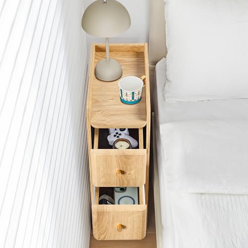 Narrow Nightstand Set of 2, Wooden Small 2 Drawer Nightstand, Slim Side End Table, Skinny Bedside Table, Mid Century Modern Night Stand with Drawers for Bedroom (Natural-2 pcs) - color: Natural-2 Pcs