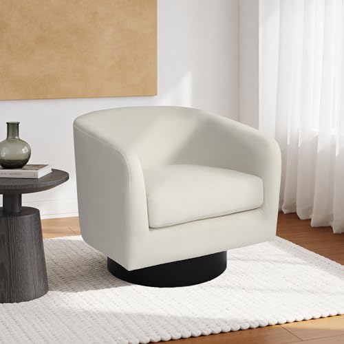 Swivel Barrel Accent Chair, Comfy Reading Armchair, Ivory, Set of 1 | Club Chairs for Adults, Low-Back Design, Modern Round Style, Solid Wood Frame & Metal Swivel Base, For Living Room & Bedroom - color: Ivory