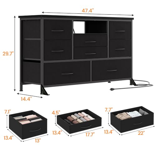 8-Drawer LED Dresser TV Stand with Power Outlet for 55'' TV - Wide Storage Chest for Bedroom, Living Room & Entryway, Wood Top Console Table with 22 Light Modes - color: Black