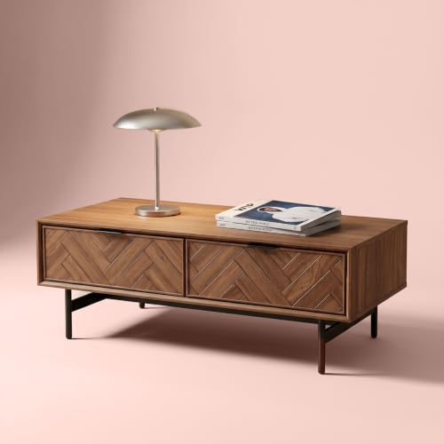 mopio Axis 47" Herringbone Walnut Coffee Table with Reinforced Slim Black Metal Legs and Handles, Industrial Design - color: Herringbone Walnut