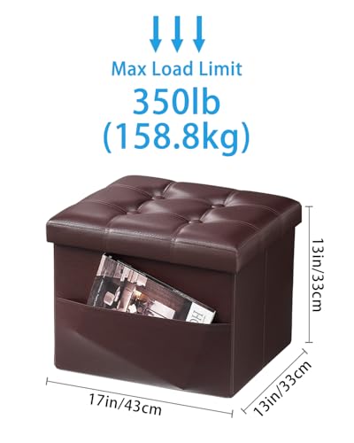 Ottoman with Storage,17 Inch Leather Folding Foot Rest Stool,Brown | Small Ottoman with Side Pockets, Thicker Foam Padded Seat, 17 * 13 * 13 Inch, Livingroom, Dorm, Bedroom, Entryway - color: Brown