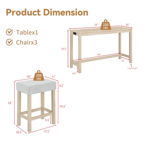 59" Dining Bar Table Set with Power Outlet, Behind Couch Sofa Table with 3 Padded Stools, 4 Piece Bar Table and Chairs Set for Living Room, Dining Room, Oak - color: R3-oak