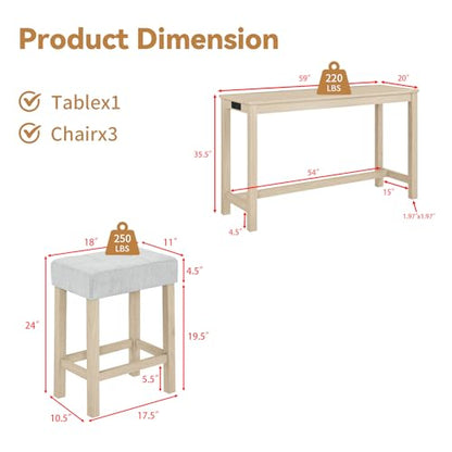 59" Dining Bar Table Set with Power Outlet, Behind Couch Sofa Table with 3 Padded Stools, 4 Piece Bar Table and Chairs Set for Living Room, Dining Room, Oak - color: R3-oak