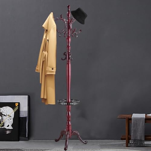 Coat Racks FreeStanding with 14 Hooks, Natural Wood Coat Rack with Solid Round Base, Adjustable Height Coat Racks, Easy Assembly for Hallway, Bedroom and Office (Reddish brown-Tray) - color: Reddish brown-Tray