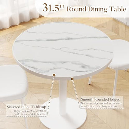 31.5'' Tulip Table, Round Dining Table with Matte Sintered Stone Tabletop | White Aluminum Alloy Edge & Pedestal, Small Bistro Table for Dining Room/Café/Small Spaces/Restaurant (Snow Peak Marble) - color: Snow Peak Marble (White Edge), size: Round