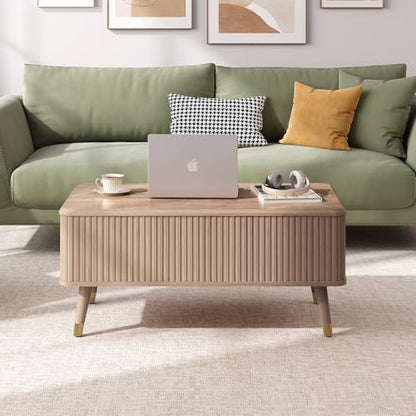 SULIVES Lift Top Coffee Table with Storage,Fluted Coffee Table with Lifting Top,Mid Century Modern Center Table with Solid Wood Legs,Small Coffee Tables for Living Room,Oak - color: Oak_rectangular