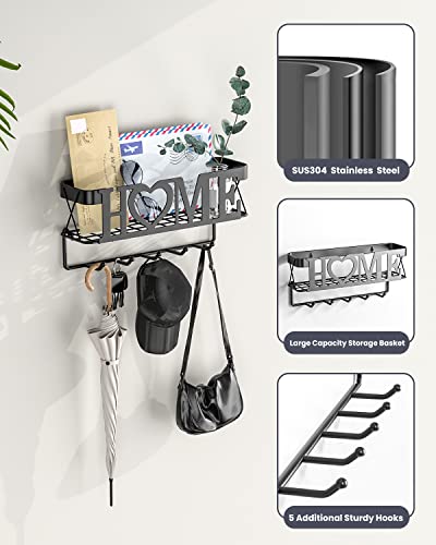 Key Holder for Wall - Key Rack with 5 Key Hooks, 11.02" L×2.75" W×4.92" H, Key and Mail Organizer Wall Mount with Mesh Basket, Key Hanger for Wall, Entryway, Home Decor(Matte Black) - color: Black