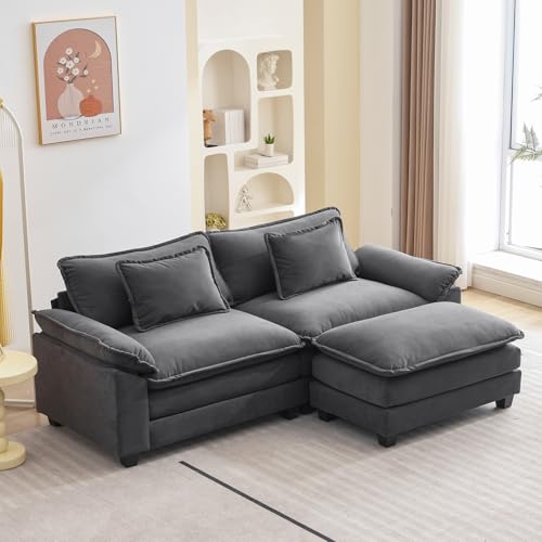 86" Modular Sectional Sofa, Comfy Deep Cloud Couch with Ottoman | L-Shaped Couches for Living Room, Modular Couch, Deep and Wide Seat, Velvet Sofa Sleeper with Throw Pillows, Blue Grey - color: Blue Gray, size: 86 Inch L