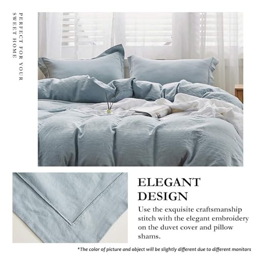 Simple&Opulence 100% Linen Duvet Cover Set with Embroidery Border Washed - 3 Pieces (1 Duvet Cover & 2 Pillow Shams) with Button Closure Soft Breathable Farmhouse - Dusty Blue, Queen Size - color: Dusty Blue, size: Queen