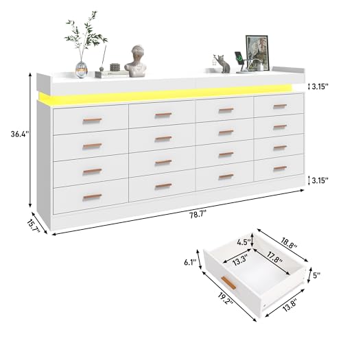 jiteentarou 16 Drawer Dresser with Charging Station and LED Lights, Modern Chest of Drawers with Power Outlet, Organizer Cabinet for Bedroom, Living Room, Entryway, White - color: White, size: 15.7"D x 78.7"W x 36.4"H (16 Drawers)