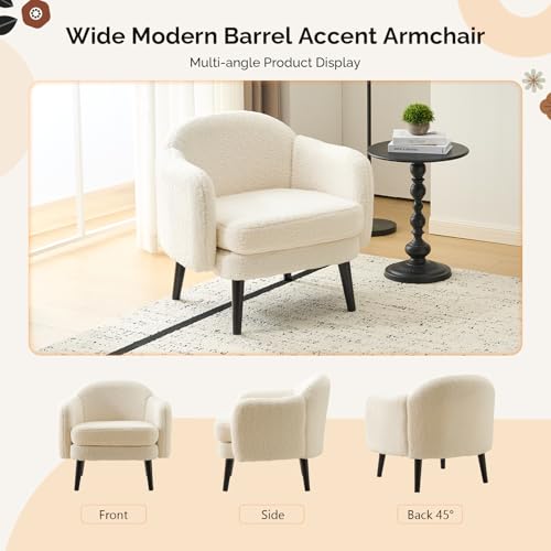VINGLI 30.3" Wide Modern Barrel Accent Armchairs Set of 2 with Track Armrest, Solid Wooden Legs, Comfy Upholstered Club Chairs, Single Home Sofa for Living Room, Bedroom, Reading,Teddy Fleece White - color: White