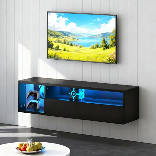 DlandHome 39.3" W Floating TV Stand with LED, Wooden Entertainment Center | Wall-Mounted Media Console, Floating Shelf for Under TV Wall Mount with Storage Shelves for Bedroom Living Room, Black - size: 39.3'' Black