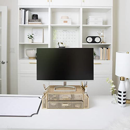 BLU MONACO | Monitor Stand with Drawer Storage | Desk Top Monitor Stand Riser Gold | Computer Support Organizer Elevador de Monitor