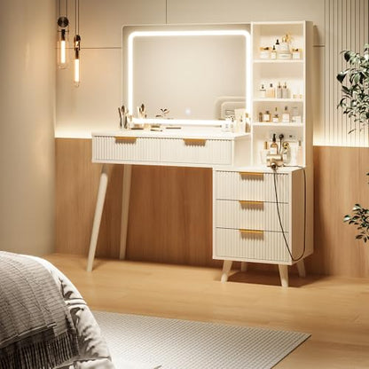 Vanity Desk with Mirror and Lights, Makeup Vanity Desk with Power Outlet, Makeup Desk with 5 Drawers&Storage Shelves, Vanity Table 3 Color Modes Adjustable Brightness Dressing Table Set for Bedroom - style: White Vanity with Power Outlet