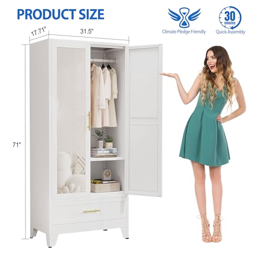 GAIOUS Steel Armoire WardrobeCloset with Mirror Door and Drawer 71" White | Household Wardrobe Cabinet with Hanging Rod, Metal Clothing Storage Cabinet with Adjustable Shelf for Bedroom, Cloak, Gym - color: 1 Drawer White- Mirror Style, size: 17.71"D x 31