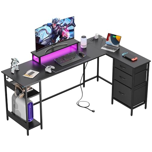 DEVAISE 66 Inch L Shaped Gaming Desk with Drawers and Storage, Corner Desk with LED Lights, Power Outlets, Computer Desk with Monitor Stand, Office Desk for Home, Black - color: Black, size: 66 Inch with Drawers